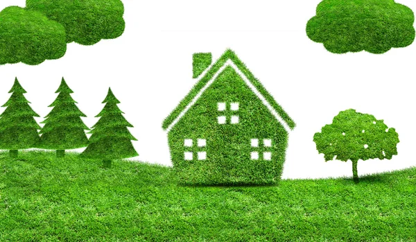 Haus mit grünem Gras und Bäumen auf einer grünen Wiese — Stockfoto