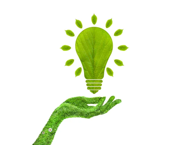 Green leaf light bulb in his hand — Stock Photo, Image