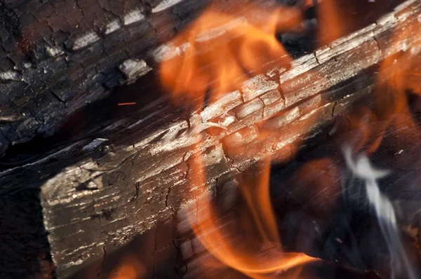 Feuer aus brennendem Brennholz mit Asche und Flammen — Stockfoto