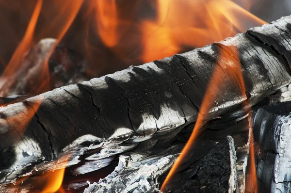 Fuego por la quema de leña con cenizas y llamas —  Fotos de Stock