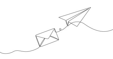 Envelope with a paper airplane flying out of it in one line art style. Mail drawing with editable black stroke on white background. Vector illustration.