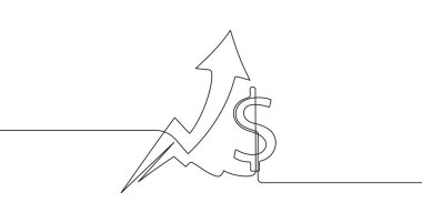 Rising chart with dollar sign and arrow in one line art style. Chart drawing with editable black stroke on white background. Vector illustration.