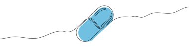 Blue capsule in one line art style. Capsule drawing with editable black stroke on white background. Vector illustration.