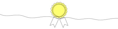 Yellow medal with ribbons in one line art style. Medal drawing with editable black stroke on white background. Vector illustration.