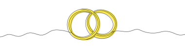 Yellow wedding rings in one line art style. Wedding rings drawing with editable black stroke on white background. Vector illustration.