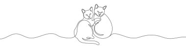 Two cats sitting together in one line art style. Cats drawing with editable black stroke on white background. Vector illustration.