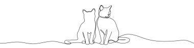 Two cats sitting together in one line art style. Cats drawing with editable black stroke on white background. Vector illustration.