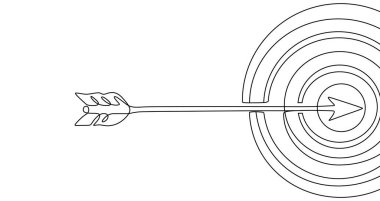 Ok hedefi tek sıra halinde vuruyor. Oku ve hedefi beyaz arka planda siyah renkte çiziyor. Vektör illüstrasyonu.