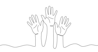 Bir satırda üç el kaldırma sanatı. Beyaz arka planda düzenlenebilir siyah felçli el çizimi. Vektör illüstrasyonu.