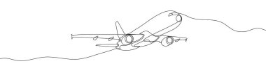 Airplane in one line art style. Drawing of airplane with editable black stroke on white background. Vector illustration.