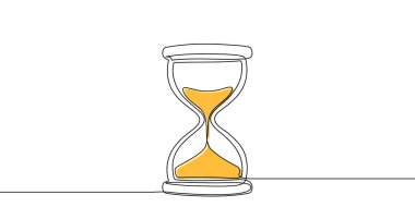 Renkli kum saati tek sıra sanat tarzında. Beyaz arka planda siyah çizgili ve sarı / turuncu renkli saat çizimi. Vektör illüstrasyonu.