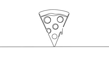 Sürekli tek bir çizgiden oluşan bir pizza dilimi. Siyah çizim, beyaz arkaplanda izole edilmiş. Vektör illüstrasyonu.