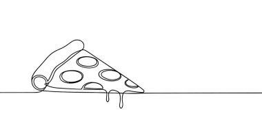 Sürekli tek bir çizgiden oluşan bir pizza dilimi. Siyah çizim, beyaz arkaplanda izole edilmiş. Vektör illüstrasyonu.