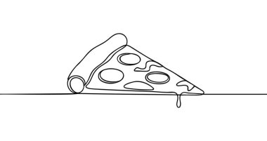 Sürekli tek bir çizgiden oluşan bir pizza dilimi. Siyah çizim, beyaz arkaplanda izole edilmiş. Vektör illüstrasyonu.