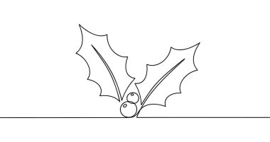 Böğürtlenli Holly dalı tek bir çizgi halinde çizilmiş. Siyah çizim, beyaz arkaplanda izole edilmiş. Vektör illüstrasyonu.