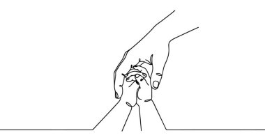 Yetişkin bir el, sürekli tek bir çizgi ile çizilmiş bir bebeğin elini tutuyor. Siyah çizim, beyaz arkaplanda izole edilmiş. Vektör illüstrasyonu.