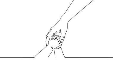 Yetişkin bir el, sürekli tek bir çizgi ile çizilmiş bir bebeğin elini tutuyor. Siyah çizim, beyaz arkaplanda izole edilmiş. Vektör illüstrasyonu.