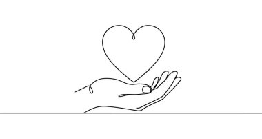 Aralıksız tek bir çizgiyle çizilmiş bir kalbi tutan açık bir el. Siyah çizim, beyaz arkaplanda izole edilmiş. Vektör illüstrasyonu.