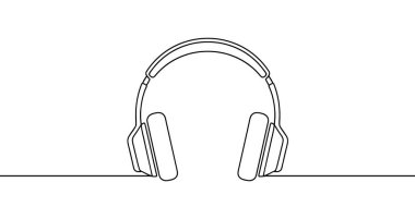 Kulaklıklar ya da kulaklıklar sürekli bir çizgi ile çizilmiş. Siyah çizim, beyaz arkaplanda izole edilmiş. Vektör illüstrasyonu.