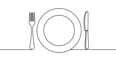 Masa ayarı simgesi. Siyah tabak, çatal ve bıçak, tek satır halinde yazılmış. Vektör illüstrasyonu