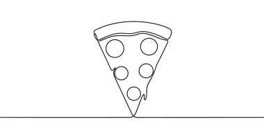 Sürekli tek bir çizgiden oluşan bir pizza dilimi. Siyah çizim, beyaz arkaplanda izole edilmiş. Vektör illüstrasyonu.