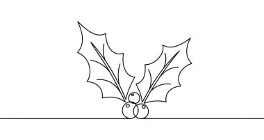 Böğürtlenli Holly dalı tek bir çizgi halinde çizilmiş. Siyah çizim, beyaz arkaplanda izole edilmiş. Vektör illüstrasyonu.
