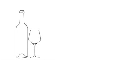 Şarap şişesi ve sürekli çizilmiş boş şarap kadehi. Siyah çizim, beyaz arkaplanda izole edilmiş. Vektör illüstrasyonu.