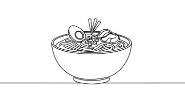 Ramen ikonu. Yumurtalı siyah ramen kasesi, aralıksız bir satırda yazılı. Vektör illüstrasyonu.