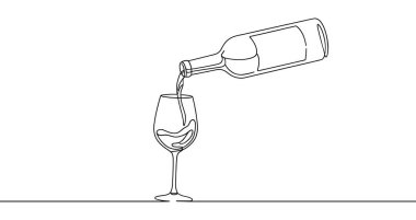 Şarap ikonu. Siyah şişe kadehe şarap dolduruyor, aralıksız bir satırla yazılmış. İçki ve kutlamanın temsilcisi.