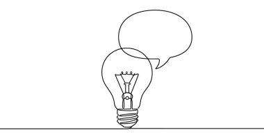 Ampul simgesi. Konuşma baloncuklu siyah ampul, aralıksız tek bir satırda yazılmış. Fikir ve iletişimin vektör çizimi