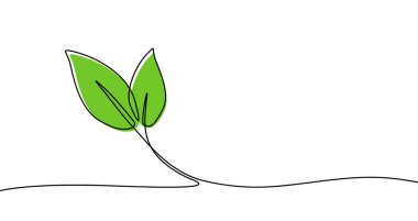 Zeminden çıkan iki yeşil yapraklı filizler tek çizgi halinde serpilmiş. Doğa ve ekolojinin sembolü, siyah inme ile. Vektör illüstrasyonu.