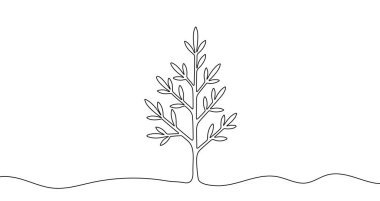 Zeminden çıkan genç yapraksız ağaç tek sıra halinde sanat tarzında büyüyor. Doğa ve büyümenin sembolü, siyah inme ile. Vektör illüstrasyonu.