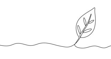 Damarları topraktan çıkan tek bir yaprak. Tek çizgi halinde sanat tarzında. Doğa, büyüme ve ekolojinin simgesi, siyah inme ile. Vektör illüstrasyonu.
