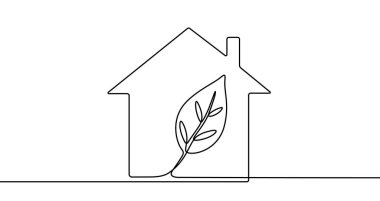 İçinde bir yaprak olan siluet bir ev, sürekli bir çizgi ile çizilmiş. Çevre dostu yaşam, 