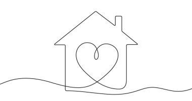 İçinde kalp çizgileri olan siluet bir ev, sürekli bir çizgi ile çizilmiş. Samimiyet, sevgi, aile ve güvenli konutun sembolü. Vektör illüstrasyonu.