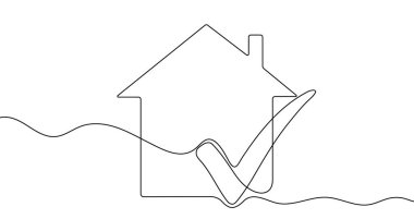 İçinde büyük bir işaret olan siluet bir ev, sürekli bir çizgi ile çizilmiş. Onay ya da kalite garantisi sembolü. Vektör illüstrasyonu.