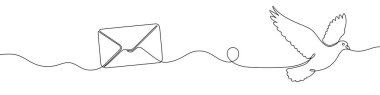 Uçan bir güvercine bağlı bir zarf, sürekli tek bir çizgiyle çizilmiş. Posta, mesaj iletimi, iletişim ve barış sembolü. Vektör illüstrasyonu.