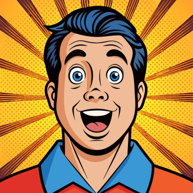 Hayranlık duyan ya da şaşıran genç bir adamın yüzü. Retro pop sanat çizgi stili. Vektör illüstrasyonu.