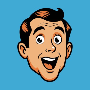 Hayranlık duyan ya da şaşıran genç bir adamın yüzü. Retro pop sanat çizgi stili. Vektör illüstrasyonu.
