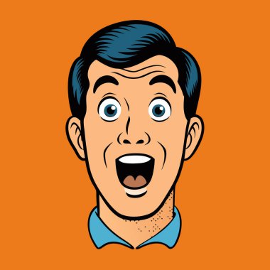 Hayranlık duyan ya da şaşıran genç bir adamın yüzü. Retro pop sanat çizgi stili. Vektör illüstrasyonu.