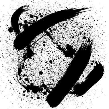 Soyut siyah fırça darbeleri ve sıçramaları. Beyaz arka planda siyah sanatsal elementler izole edilmiş. Vektör grafiği.