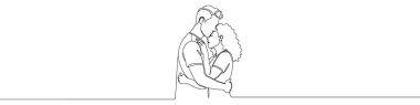 Sevgi dolu çift simgesi tek bir çizgi çiziyor. Siyahi bir kadın ve erkeğin kucaklaşması, kesintisiz tek bir çizgiyle yapılmış. Vektör illüstrasyonu.