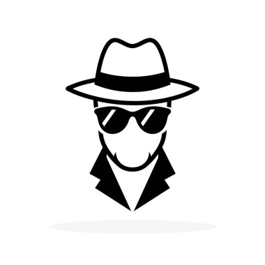 Gizli yüz ikonu olan dedektif. Beyaz arka planda izole edilmiş siyah şapkalı bir figür. Vektör illüstrasyonu.