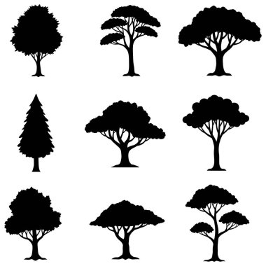 Ağaç simgeleri. Beyaz arkaplanda siyah ağaç simgeleri izole edilmiş. Vektör illüstrasyonu.