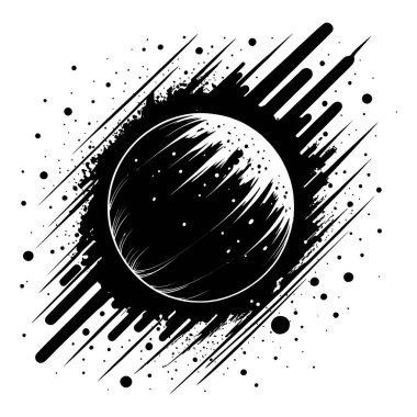 Soyut gezegen simgesi. Dokulu çizgileri, noktaları ve soyut elementleri olan yuvarlak bir gezegenin siyah stilize edilmiş çizimi. Vektör illüstrasyonu