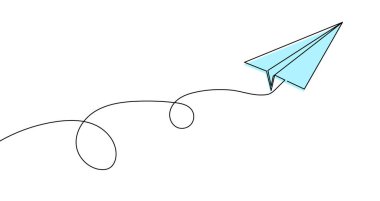 Tek sıra halinde uçan kağıttan uçak. Renkli kağıt uçak çizimi ve siyah felçli. Vektör illüstrasyonu.