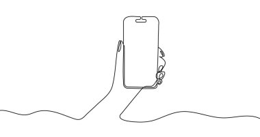 Bir cep telefonunu tek satırlık sanat tarzında tutmak. Beyaz arka planda düzenlenebilir siyah felçli telefon çizimi. Vektör illüstrasyonu.