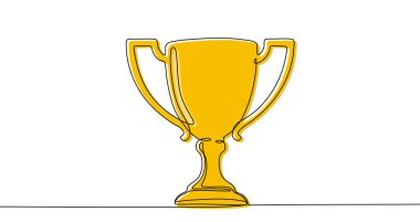 Altın Kupa 'nın tek satırlık sanat tarzı. Kurgulanabilir siyah kulaç ve beyaz arka planda sarı renk bloğu olan bir ödül kupası çizimi. Vektör illüstrasyonu.