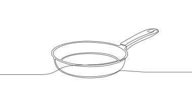 Frying pan in one line art style. Drawing of a kitchen skillet with a handle with editable black stroke on a white background. Vector illustration.