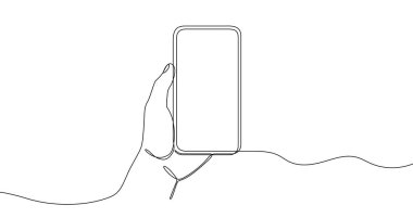 Akıllı telefonu tutan tek bir elin kesintisiz çizimi. Beyaz arka planda düzenlenebilir siyah inme. Vektör illüstrasyonu.